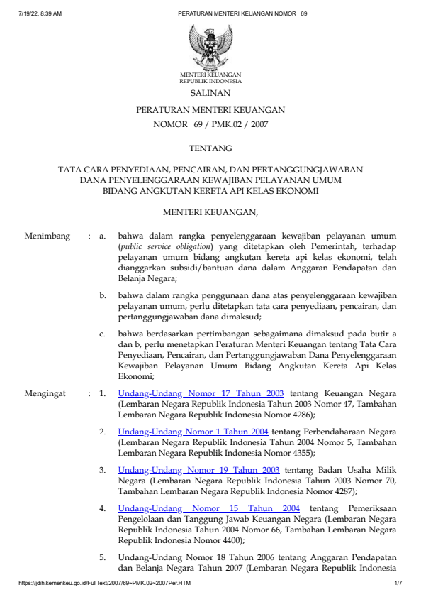 Peraturan Menteri Keuangan Nomor 69/PMK.02/2007