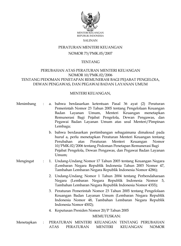 Peraturan Menteri Keuangan Nomor 73/PMK.05/2007