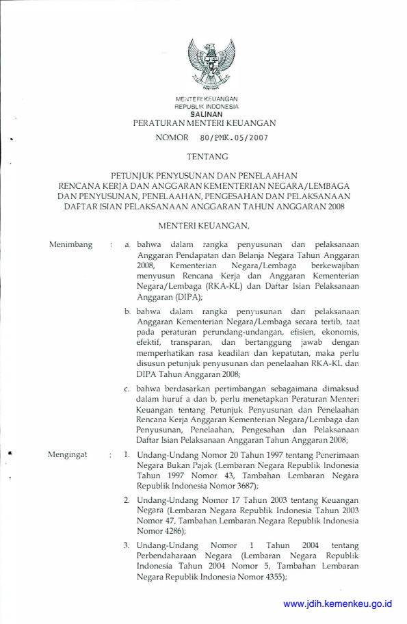 Peraturan Menteri Keuangan Nomor 80/PMK.05/2007