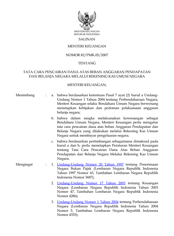 Peraturan Menteri Keuangan Nomor 82/PMK.05/2007