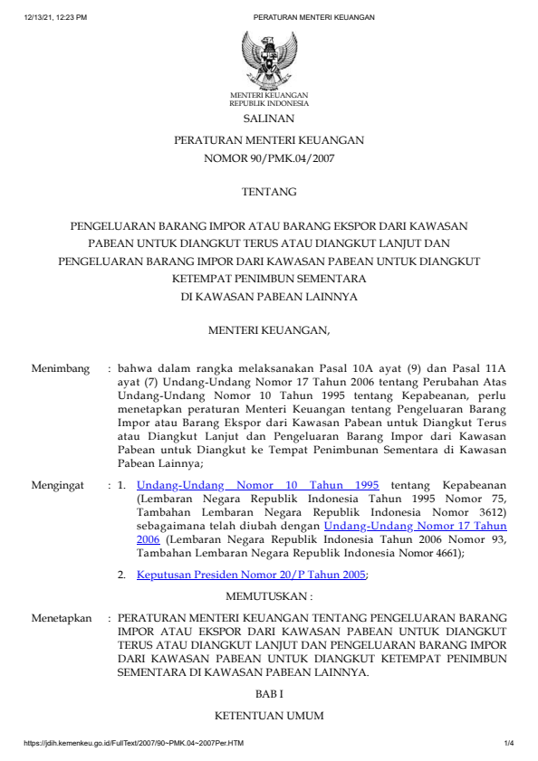 Peraturan Menteri Keuangan Nomor 90/PMK.04/2007