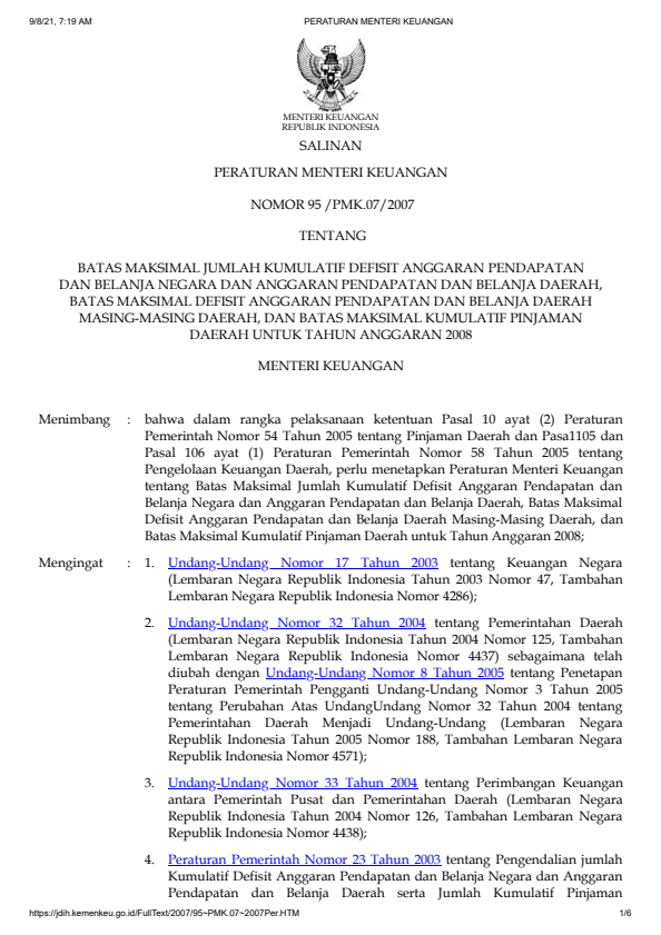 Peraturan Menteri Keuangan Nomor 95/PMK.07/2007