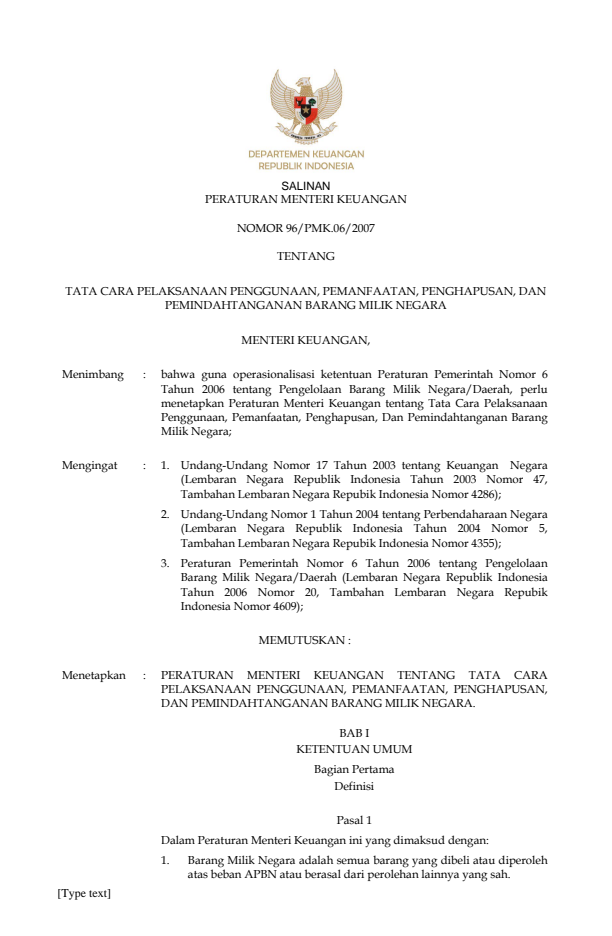 Peraturan Menteri Keuangan Nomor 96/PMK.06/2007