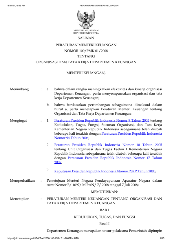 Peraturan Menteri Keuangan Nomor 100/PMK.01/2008