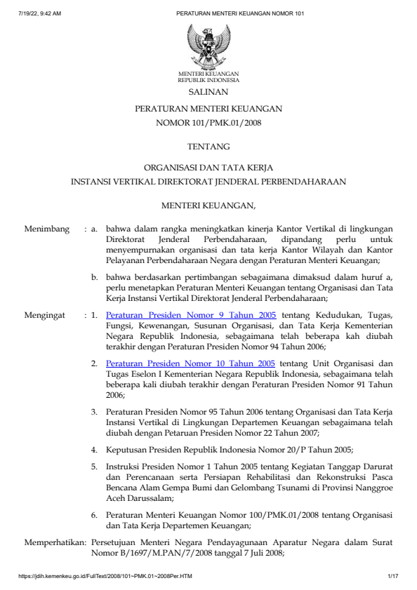 Peraturan Menteri Keuangan Nomor 101/PMK.01/2008