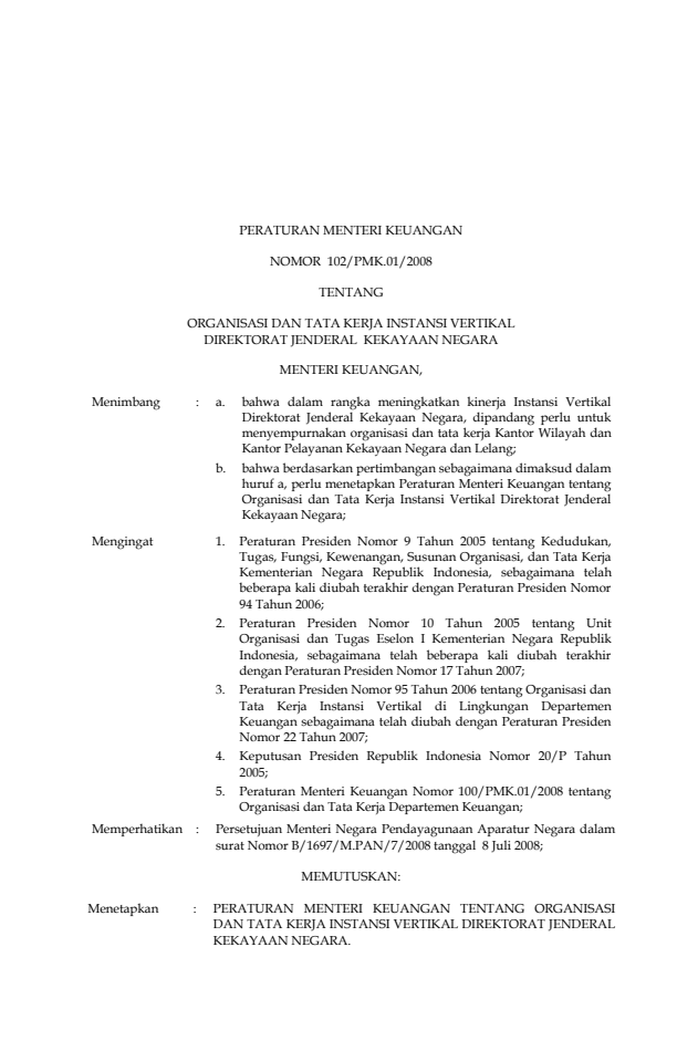 Peraturan Menteri Keuangan Nomor 102/PMK.01/2008