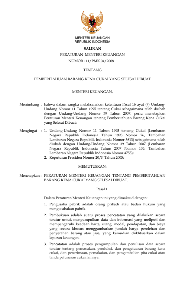 Peraturan Menteri Keuangan Nomor 111/PMK.04/2008