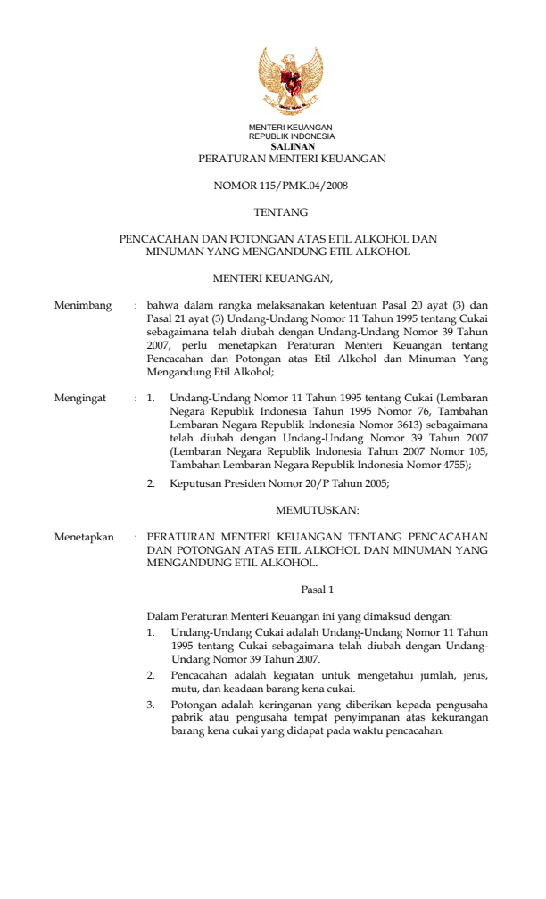 Peraturan Menteri Keuangan Nomor 115/PMK.04/2008