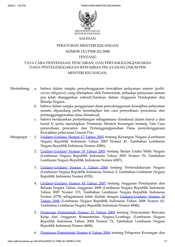 Peraturan Menteri Keuangan Nomor 121/PMK.02/2008