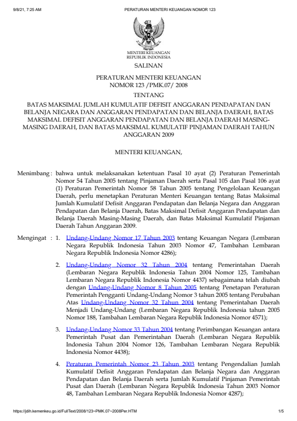 Peraturan Menteri Keuangan Nomor 123/PMK.07/2008