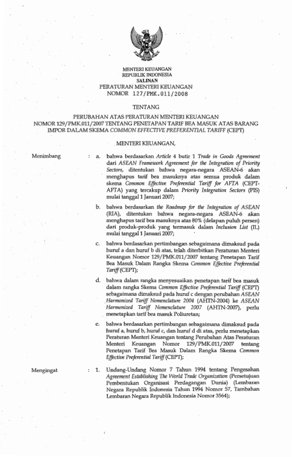 Peraturan Menteri Keuangan Nomor 127/PMK.011/2008