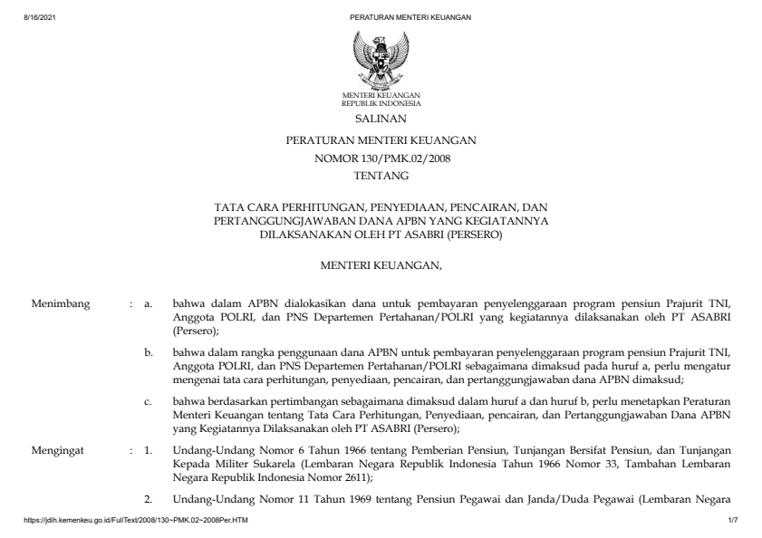 Peraturan Menteri Keuangan Nomor 130/PMK.02/2008