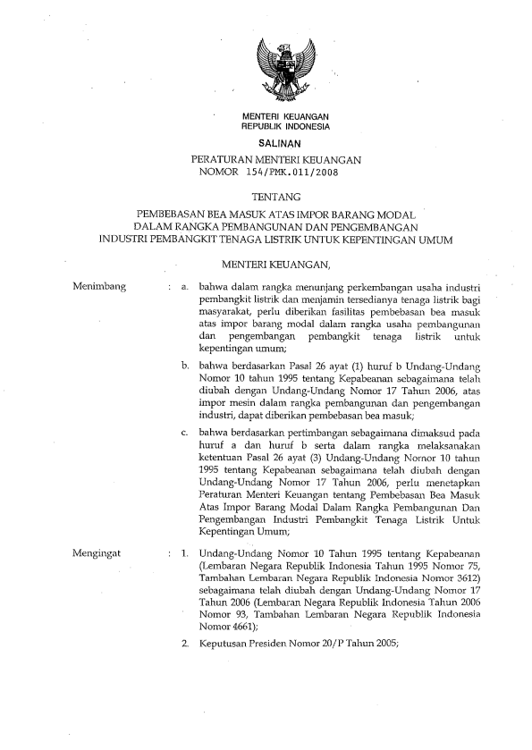 Peraturan Menteri Keuangan Nomor 154/PMK.011/2008