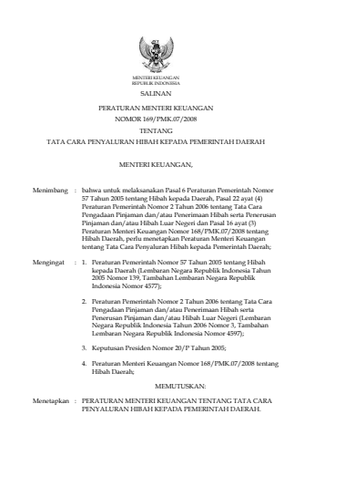 Peraturan Menteri Keuangan Nomor 169/PMK.07/2008