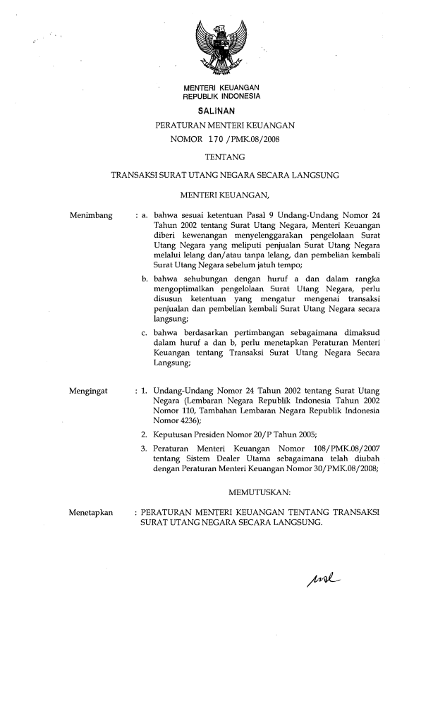 Peraturan Menteri Keuangan Nomor 170/PMK.08/2008