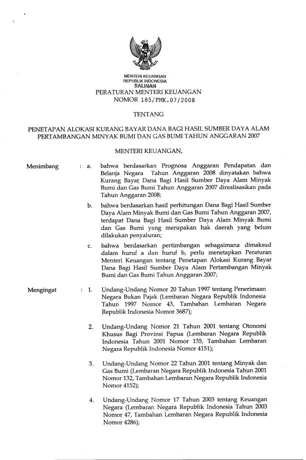 Peraturan Menteri Keuangan Nomor 185/PMK.07/2008