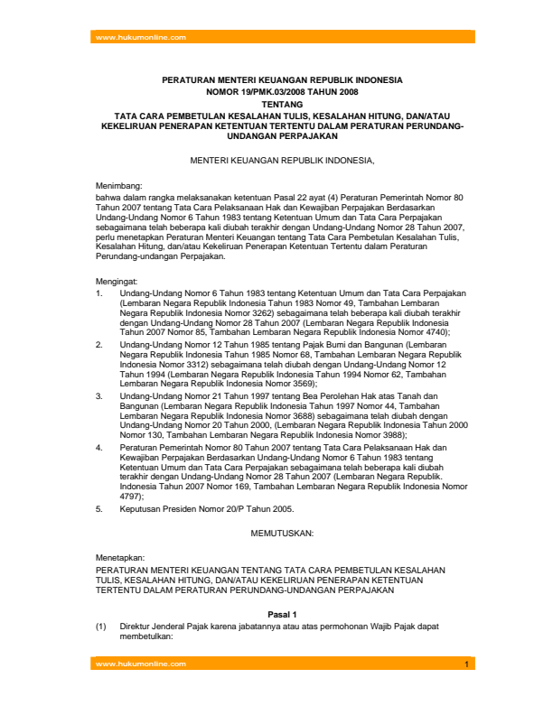 Peraturan Menteri Keuangan Nomor 19/PMK.03/2008