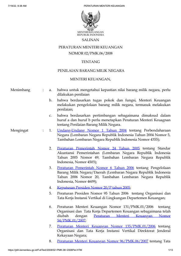 Peraturan Menteri Keuangan Nomor 02/PMK.06/2008