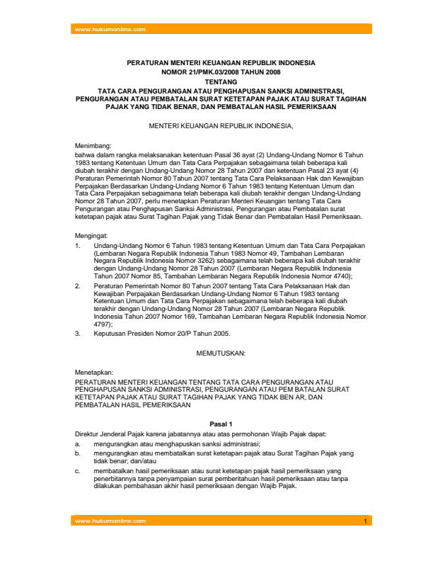 Peraturan Menteri Keuangan Nomor 21/PMK.03/2008