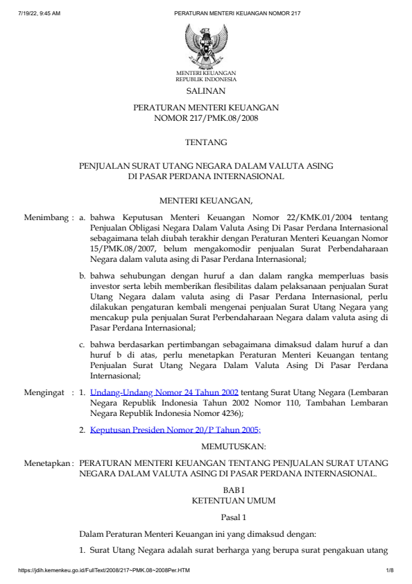 Peraturan Menteri Keuangan Nomor 217/PMK.08/2008