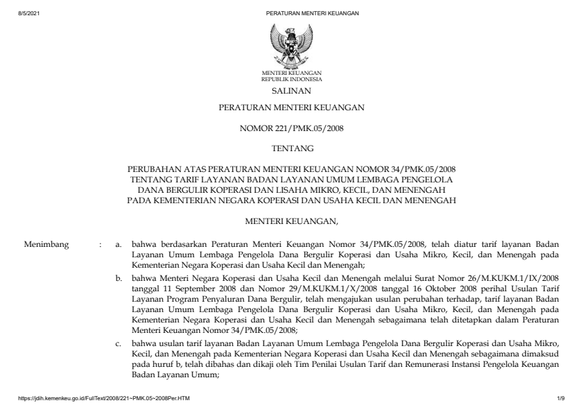 Peraturan Menteri Keuangan Nomor 221/PMK.05/2008