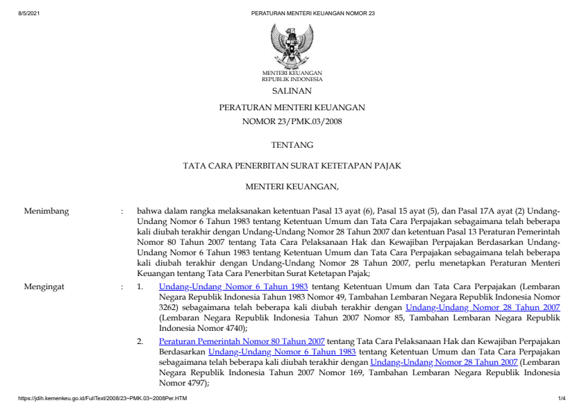 Peraturan Menteri Keuangan Nomor 23/PMK.03/2008