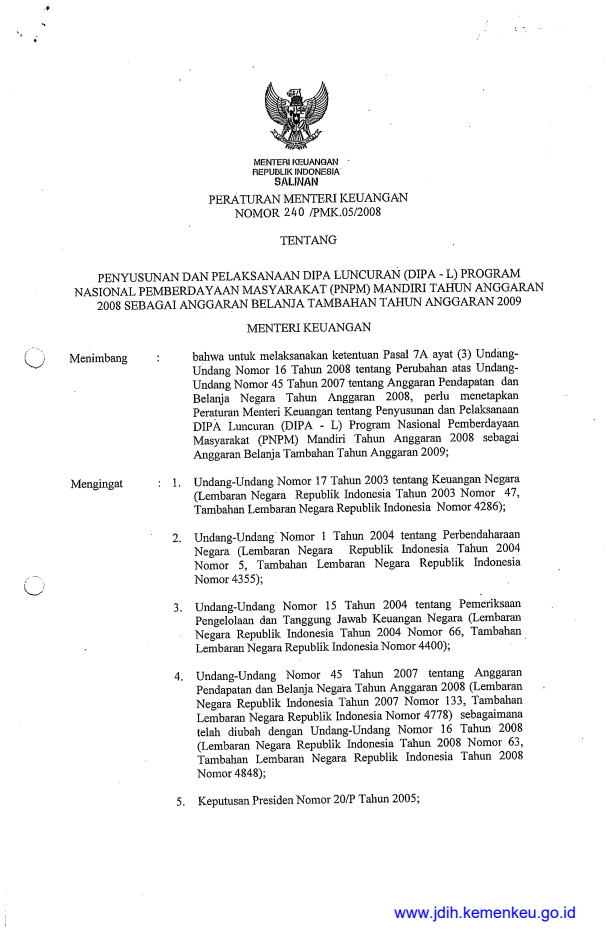 Peraturan Menteri Keuangan Nomor 240/PMK.05/2008