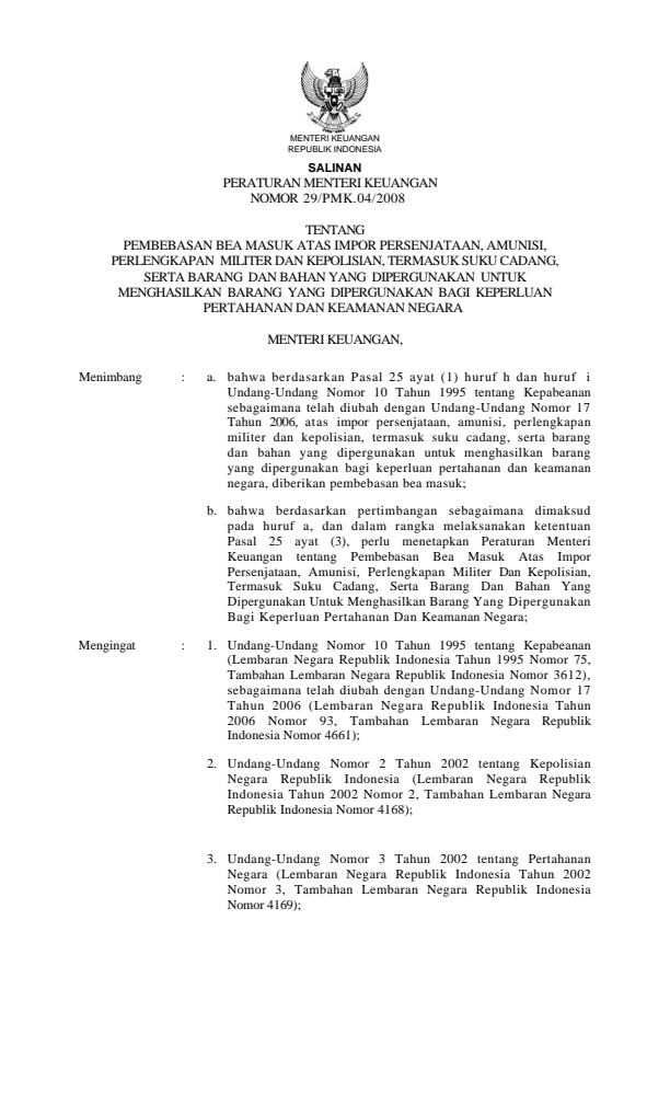 Peraturan Menteri Keuangan Nomor 29/PMK.04/2008