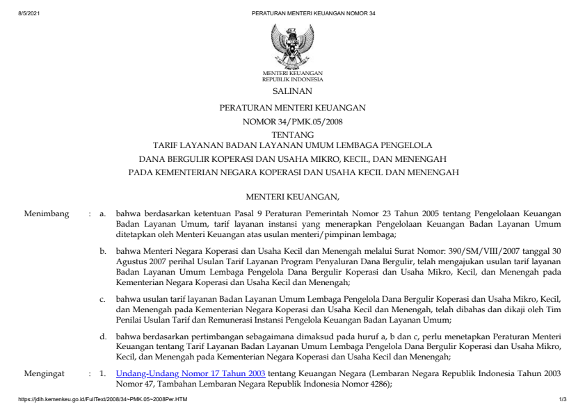 Peraturan Menteri Keuangan Nomor 34/PMK.05/2008