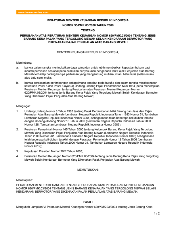 Peraturan Menteri Keuangan Nomor 35/PMK.03/2008