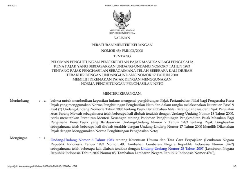 Peraturan Menteri Keuangan Nomor 45/PMK.03/2008