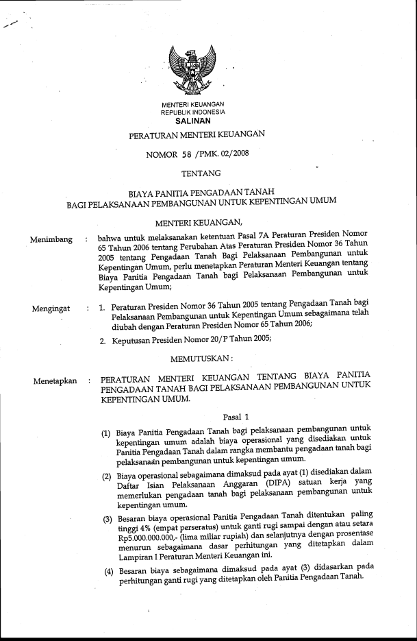 Peraturan Menteri Keuangan Nomor 58/PMK.02/2008