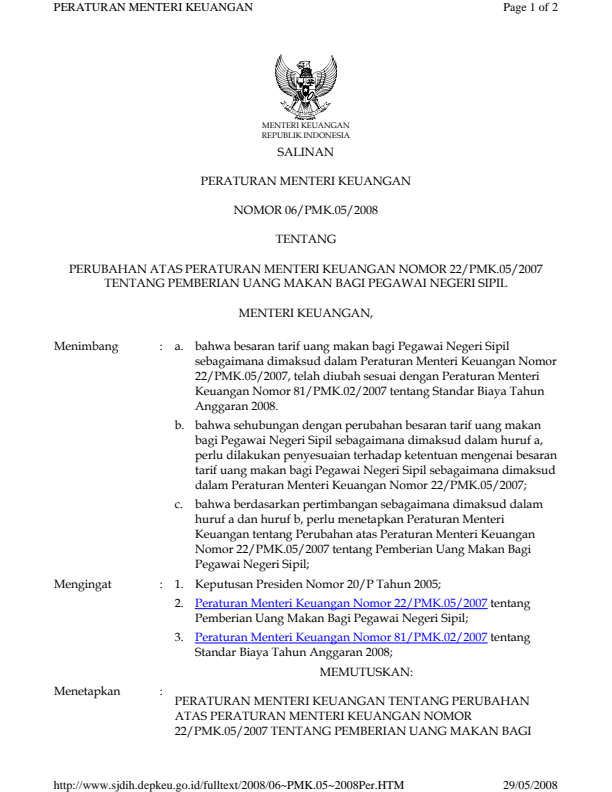 Peraturan Menteri Keuangan Nomor 06/PMK.05/2008
