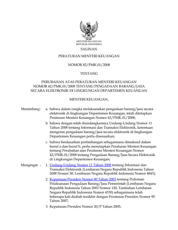 Peraturan Menteri Keuangan Nomor 82/PMK.01/2008
