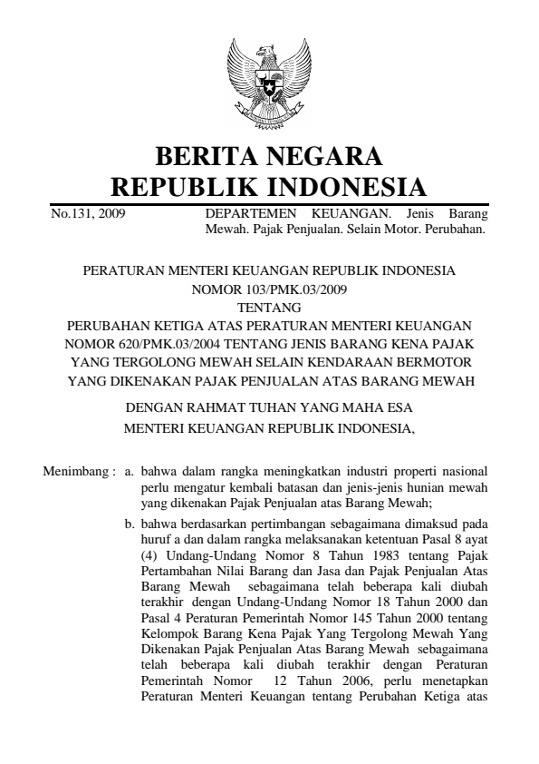 Peraturan Menteri Keuangan Nomor 103/PMK.03/2009