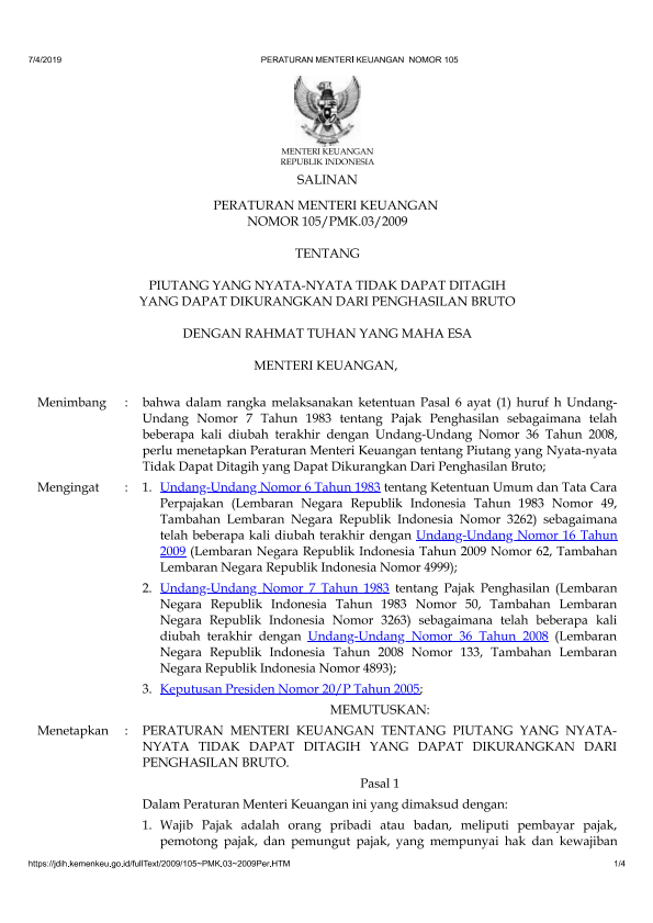 Peraturan Menteri Keuangan Nomor 105/PMK.03/2009