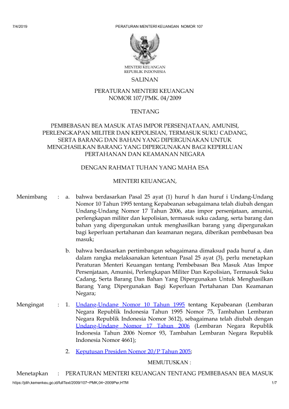Peraturan Menteri Keuangan Nomor 107/PMK.04/2009