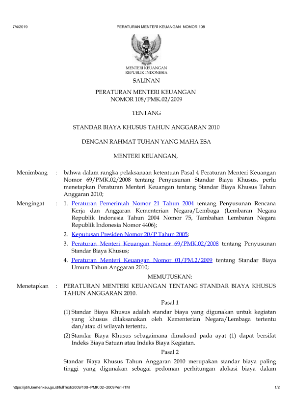 Peraturan Menteri Keuangan Nomor 108/PMK.02/2009