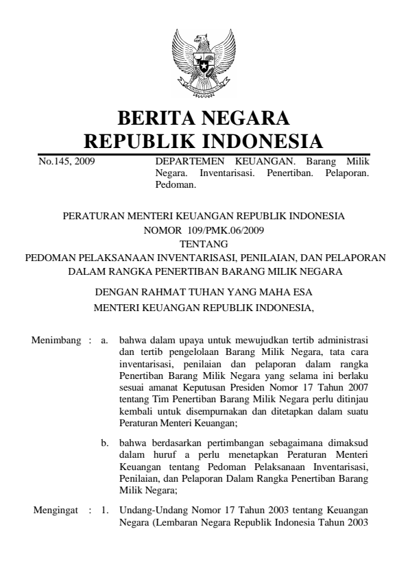 Peraturan Menteri Keuangan Nomor 109/PMK.06/2009