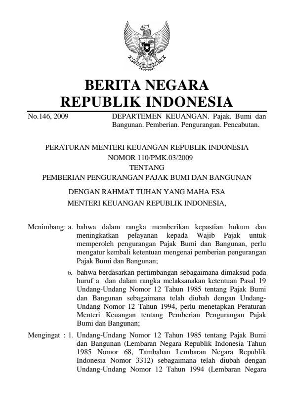 Peraturan Menteri Keuangan Nomor 110/PMK.03/2009