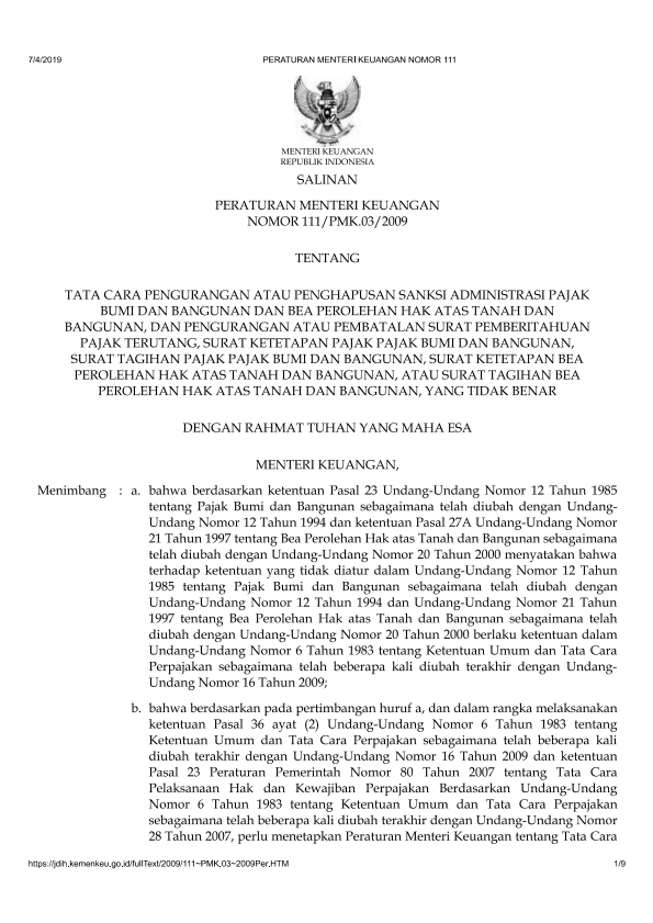 Peraturan Menteri Keuangan Nomor 111/PMK.03/2009