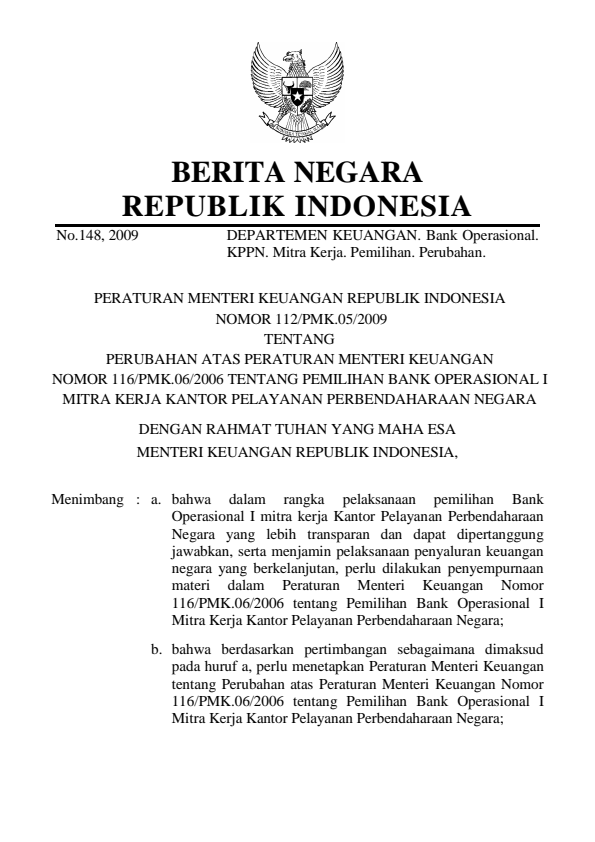 Peraturan Menteri Keuangan Nomor 112/PMK.05/2009