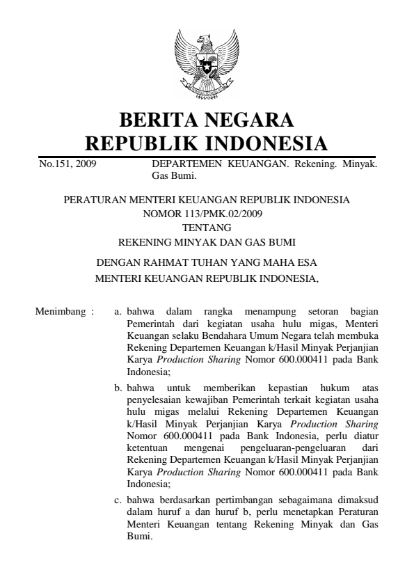 Peraturan Menteri Keuangan Nomor 113/PMK.02/2009