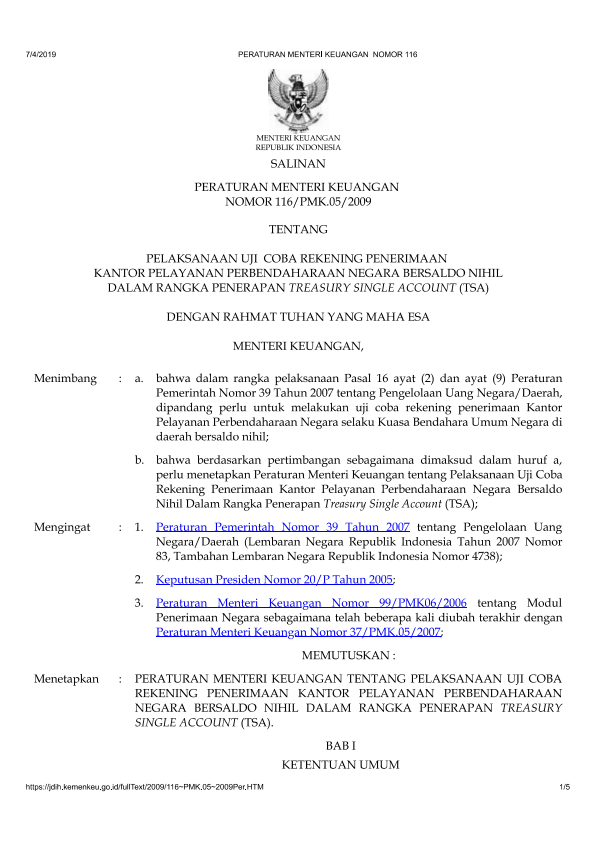 Peraturan Menteri Keuangan Nomor 116/PMK.05/2009