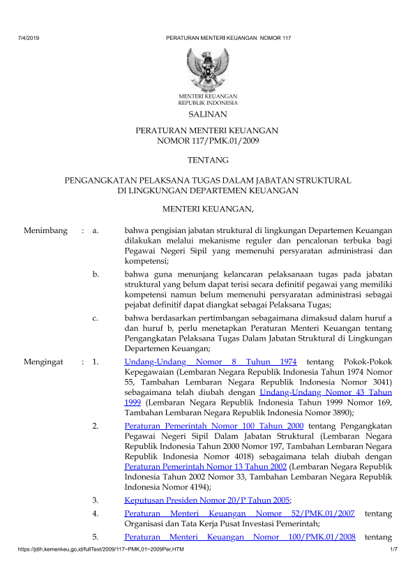 Peraturan Menteri Keuangan Nomor 117/PMK.01/2009