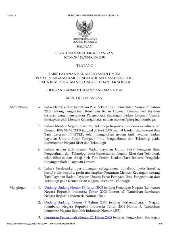 Peraturan Menteri Keuangan Nomor 118/PMK.05/2009