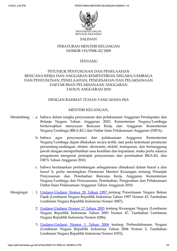 Peraturan Menteri Keuangan Nomor 119/PMK.02/2009