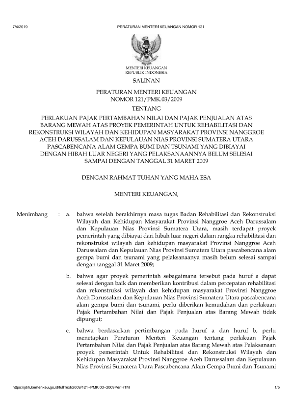 Peraturan Menteri Keuangan Nomor 121/PMK.03/2009