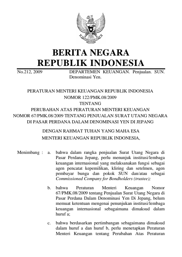 Peraturan Menteri Keuangan Nomor 122/PMK.08/2009