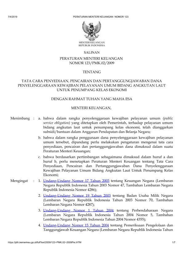 Peraturan Menteri Keuangan Nomor 123/PMK.02/2009